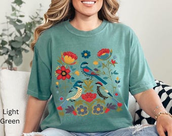 Cottagecore shirt, Folk Art Shirt, short  sleeve Comfort Colors Shirt, Folk Art Bird Shirt, Boho Scandi, Naturecore shirt, nature lover gift