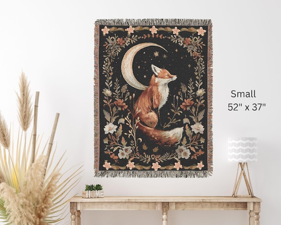 Woven Fox Tapestry Blanket, Boho Cottage core Floral Moon Art, Housewarming Gift