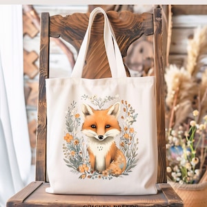 Floral Fox Tote Bag, Animal Lover Bag, Gift For Her, Book Lover Gift, Nature Lover Tote, Grocery Bag, Gift for Gardener, Ecological Bag