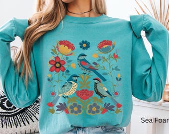 Cottagecore shirt, Folk Art Shirt, short sleeve Comfort Colors Shirt, Folk Art Bird Shirt, Boho Scandi, Naturecore shirt, nature lover gift