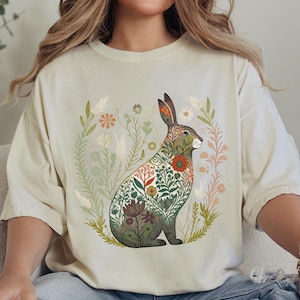 Comfort Colors® Scandinavian Folk Art Shirt, Scandinavian Shirt, Folk Art Rabbit T-Shirt, Easter Folk Art  Shirt,   Vintage Botanical Shirt