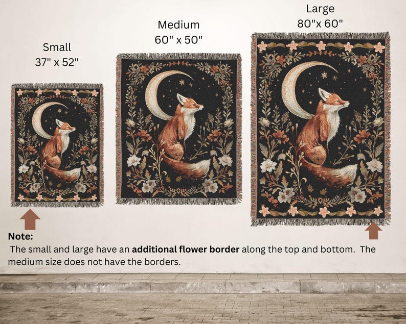 May include: A woven tapestry depicting a fox sitting beneath a crescent moon with stars. The tapestry has a black background with floral details in shades of brown, cream, and pink. The tapestry is available in three sizes: 37 inches by 52 inches, 60 inches by 50 inches, and 80 inches by 60 inches.