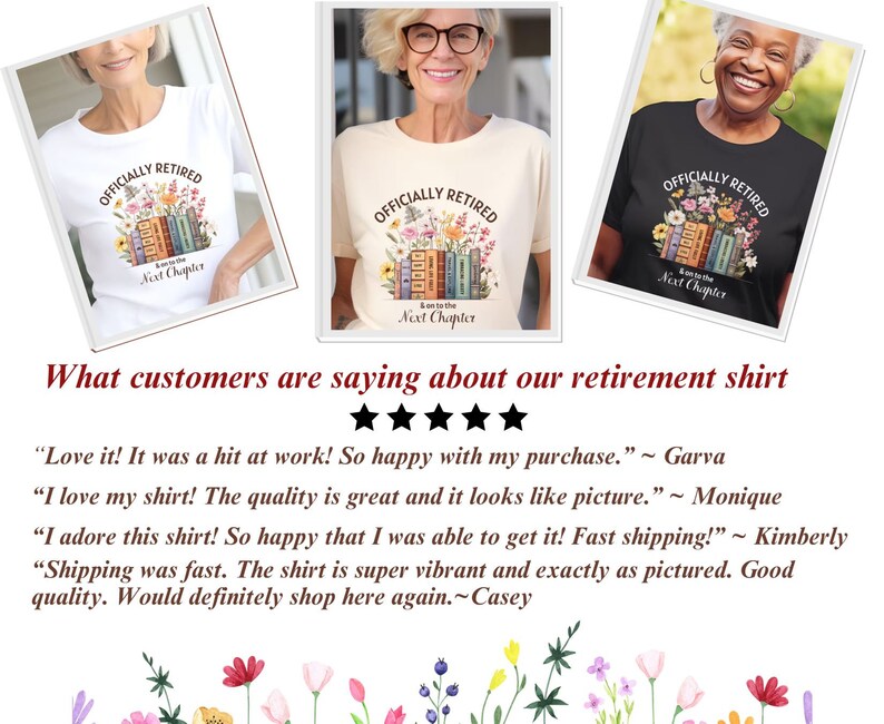 May include: Three people are wearing t-shirts with the text "Officially Retired" and a stack of books with the text "On to the Next Chapter". The shirts are white, black, and beige. The text is in a black font.