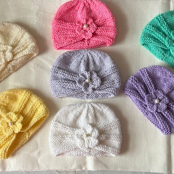 Hand knitted Baby toddler turban hats vegan friendly 0-3 months