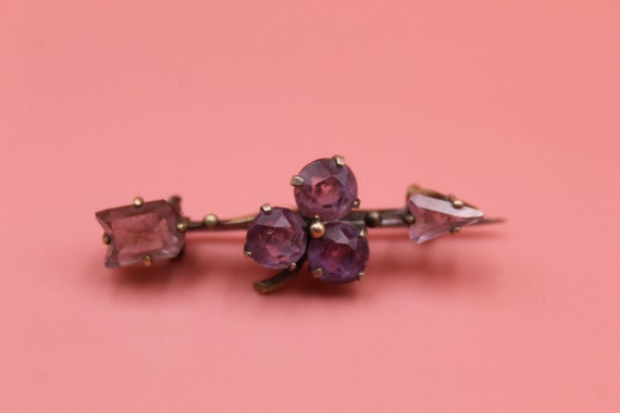 Large Rectangular Sash Pin 3 Inch Antique Brooch 1800s Victorian Etruscan Revival Byzantine Floral Purple Rhinestones Pink Navette Crystal