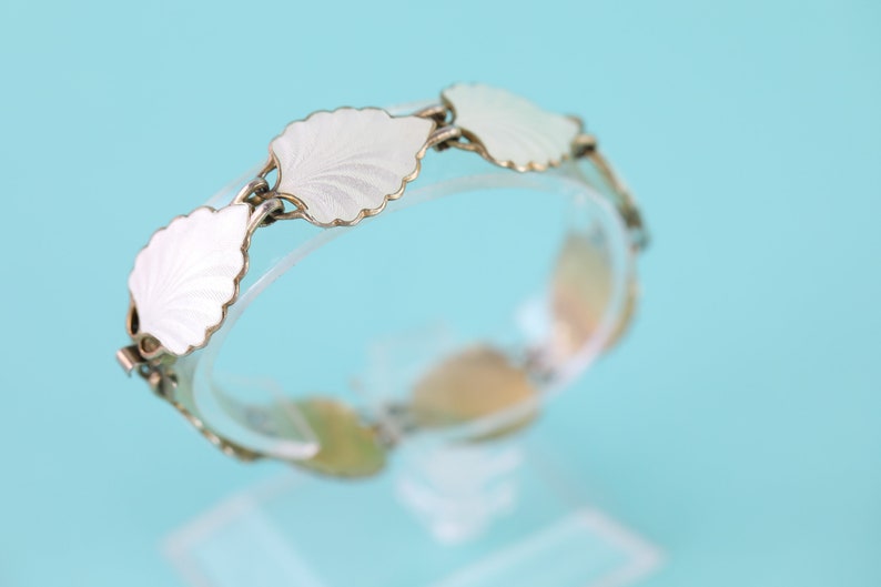 Norwegian sterling silver guilloche enamel leaf motif panel bracelet