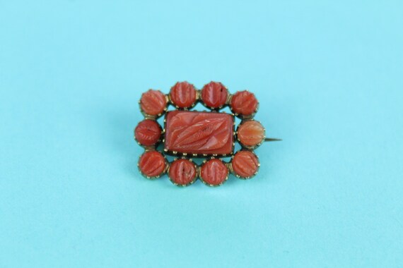 Antique Victorian carved coral Ormolu set brooch