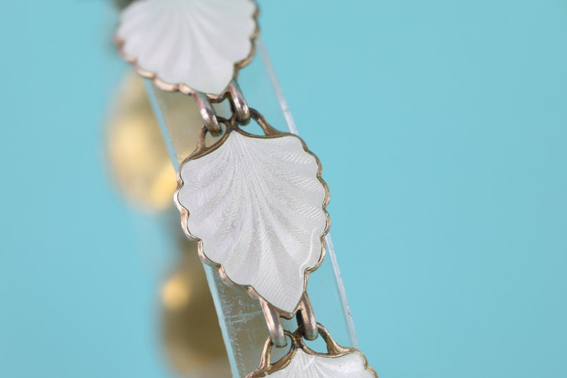 Norwegian sterling silver guilloche enamel leaf motif panel bracelet