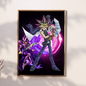 May include: A digital illustration of a character from the Yu-Gi-Oh! anime series. The character is wearing a black and purple outfit and holding a card in their hand. The background is a purple and black swirl.