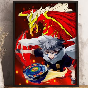 May include: Framed artwork featuring a dynamic anime scene. A character with gray hair and a blue and yellow spinning top is depicted in action against a red and yellow dragon-like figure. The artwork is displayed on a wooden surface.