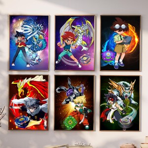 May include: Six framed art prints featuring colorful anime-style illustrations of characters with mythical creatures. Each print has a gold frame and depicts action poses with vibrant backgrounds. The prints are displayed on a wooden console table.