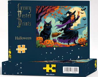 May include: A rectangular dark blue jigsaw puzzle box featuring a Halloween illustration of a witch on a broomstick, a black cat, and jack-o'-lanterns. The box displays the text Luxury Poster Prints, Halloween, and a 66 x 50cm dimension label.