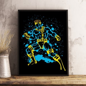 Puede incluir: Una ilustración en negro y amarillo de un superhéroe en pose de lucha contra un fondo de salpicaduras azul y negro. El superhéroe lleva una máscara amarilla y un cinturón amarillo con una X.