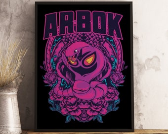 May include: A black framed print with a pink and purple snake illustration. The snake is coiled and has a menacing expression. The text "ARBOk" is written in large, bold letters above the snake.