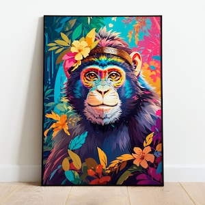 Monkey Poster | Animal Wall Art | Botanical Boho Jungle Art Decor | Chimp Vintage Portrait | Monkey Animal Print