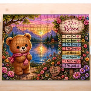 Könnte beinhalten: Ein rechteckiges Puzzle mit einem braunen Teddybären, der einen rosa Schal trägt und bei Sonnenuntergang an einem See steht. Ein Holzschild zeigt den Text I Am Rebecca, gefolgt von einer Liste positiver Affirmationen wie I Am Kind.