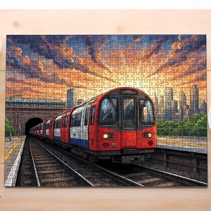 May include: A jigsaw puzzle featuring a red, white, and blue subway train emerging from a tunnel toward a city skyline at sunset. The sky is filled with orange and purple clouds, and the train tracks lead into the distance. The puzzle pieces are clearly visible across the entire rectangular image surface.
