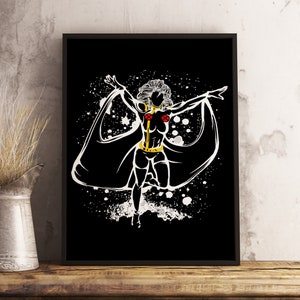 May include: A black and white illustration of a superhero with a cape, standing with arms outstretched. The background is black with white splatters of paint.