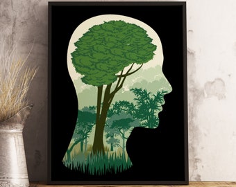 May include: A black and white silhouette of a person's head with a green tree growing inside. The tree is surrounded by a green and brown forest.