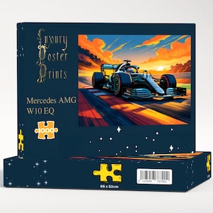 May include: A puzzle box featuring a vibrant image of a Mercedes AMG W10 EQ Formula 1 race car speeding on a track at sunset. The box is dark blue with the text "Luxury Poster Prints" and the puzzle dimensions are 66 x 50cm.