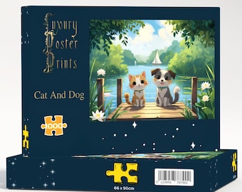 May include: A dark blue puzzle box with the words "Luxury Poster Prints" and "Cat And Dog" printed on the front. The puzzle image shows a cat and dog sitting on a dock. The puzzle measures 66 x 50cm.