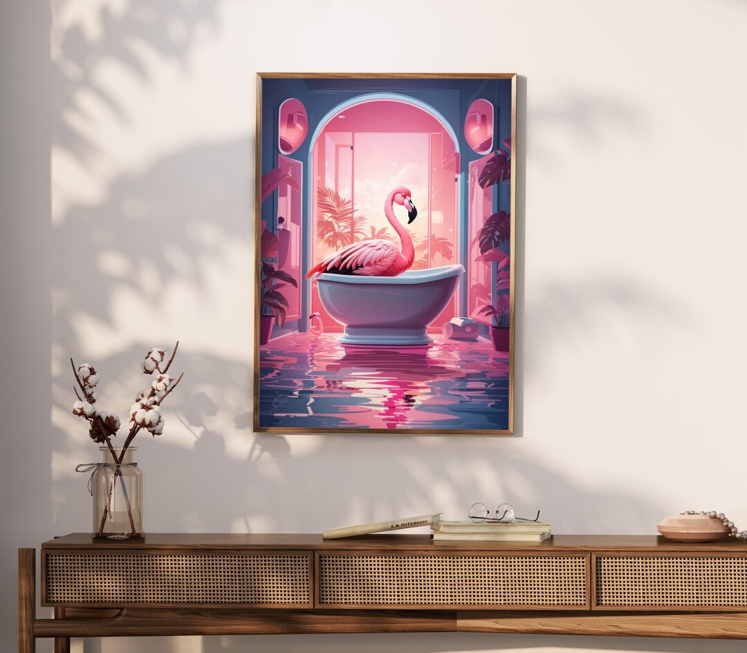 Flamingo in Bathtub Poster | Tropical Boho Bathroom Art - Etsy
