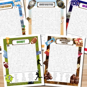 Op de afbeelding: Een set van tien afdrukbare woordzoekpuzzels voor kinderen. Elke puzzel heeft een ander thema, waaronder boerderijdieren, rugby, een horloge, chocolade en ruimte. De puzzels zijn ontworpen om kinderen te helpen hun woordenschat en spelling te verbeteren.