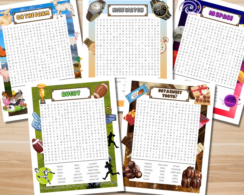 Op de afbeelding: Een set van tien afdrukbare woordzoekpuzzels voor kinderen. Elke puzzel heeft een ander thema, waaronder boerderijdieren, rugby, een horloge, chocolade en ruimte. De puzzels zijn ontworpen om kinderen te helpen hun woordenschat en spelling te verbeteren.