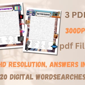 Op de afbeelding: Een digitale download van 120 afdrukbare woordzoekpuzzels. De puzzels zijn gebaseerd op televisie en radio. De afbeelding toont twee voorbeeldpuzzels, een met de titel "Let's Watch TV" en de andere met de titel "On the Radio".