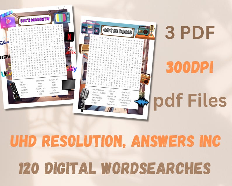 Op de afbeelding: Een digitale download van 120 afdrukbare woordzoekpuzzels. De puzzels zijn gebaseerd op televisie en radio. De afbeelding toont twee voorbeeldpuzzels, een met de titel "Let's Watch TV" en de andere met de titel "On the Radio".
