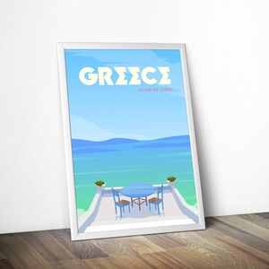 May include: A travel poster with a blue and white color scheme featuring a view of a blue ocean with mountains in the background. The poster says "GREECE ISLAND OF CORFU" and depicts a table and chairs on a patio overlooking the ocean.