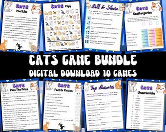 Cats Games Bundle | 10 Printable Games | Party Puzzles Adults PDF | Cats Activity | Puzzles | Pets Games | Instant Download PDF