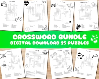 Crossword Bundle | 25 Printable Pages | Puzzles for Kids and Adults | Printable Games | Cross Word Activity | Instant Download PDF
