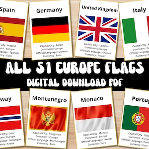Alle 51 vlaggenkaarten van Europese landen | Direct downloaden | Educatieve afdrukbare | Aardrijkskunde leren | Flashcards afdrukbaar | Digitale pdf