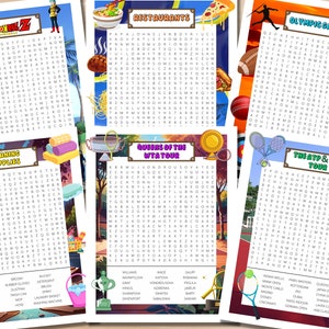 Op de afbeelding: Een set van tien woordzoekerpuzzels met verschillende thema's, waaronder Dragon Ball Z, Restaurants, Olympische Spelen, Reinigingsproducten, Queens of the WTA Tour en ATP & WTA Tour. Elke puzzel is afgedrukt op een apart vel papier met een kleurrijke achtergrond en een titel.