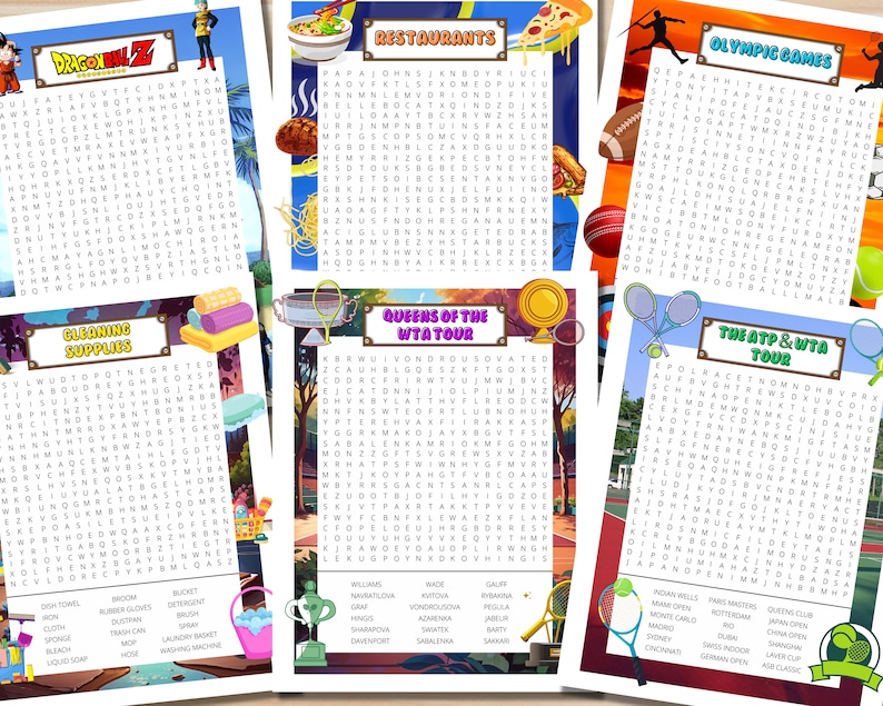 Op de afbeelding: Een set van tien woordzoekerpuzzels met verschillende thema's, waaronder Dragon Ball Z, Restaurants, Olympische Spelen, Reinigingsproducten, Queens of the WTA Tour en ATP & WTA Tour. Elke puzzel is afgedrukt op een apart vel papier met een kleurrijke achtergrond en een titel.