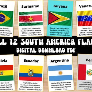 Toutes les 12 cartes flash de drapeaux de pays d'Amérique du Sud | Téléchargement instantané | Imprimable éducatif | Apprentissage de la géographie | Flashcards imprimables | PDF