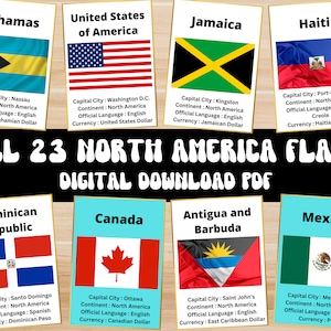 Todos os 23 cartões flash de bandeiras de país da América do Norte | Download instantâneo | Educacional para impressão | Aprendizagem de Geografia | Flashcards para impressão | PDF