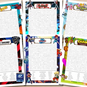 Op de afbeelding: Een kleurrijke, afdrukbare woordzoeker met populaire videogamepersonages en -titels, waaronder Spider-Man, Yu-Gi-Oh!, Digimon, Gran Turismo, Beyblade en Crash Bandicoot. De puzzel bevat een lijst met woorden die in het raster moeten worden gevonden.