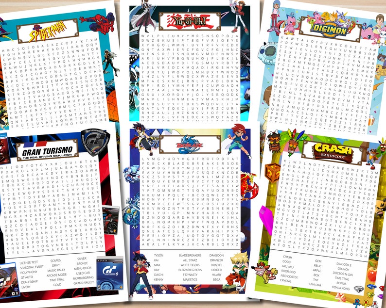 Op de afbeelding: Een kleurrijke, afdrukbare woordzoeker met populaire videogamepersonages en -titels, waaronder Spider-Man, Yu-Gi-Oh!, Digimon, Gran Turismo, Beyblade en Crash Bandicoot. De puzzel bevat een lijst met woorden die in het raster moeten worden gevonden.