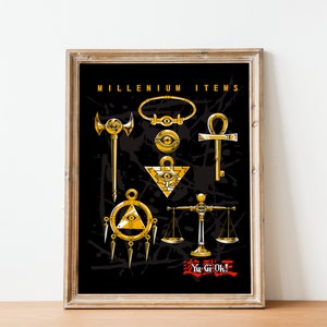 May include: A framed print of the Millennium Items from the Yu-Gi-Oh! anime series. The items are depicted in gold and include the Millennium Puzzle, Millennium Eye, Millennium Rod, Millennium Ring, Millennium Necklace, Millennium Key, and Millennium Scale. The print has a black background with white splatter paint accents and the text "MILLENNIUM ITEMS" and "Yu-Gi-Oh!" in red.
