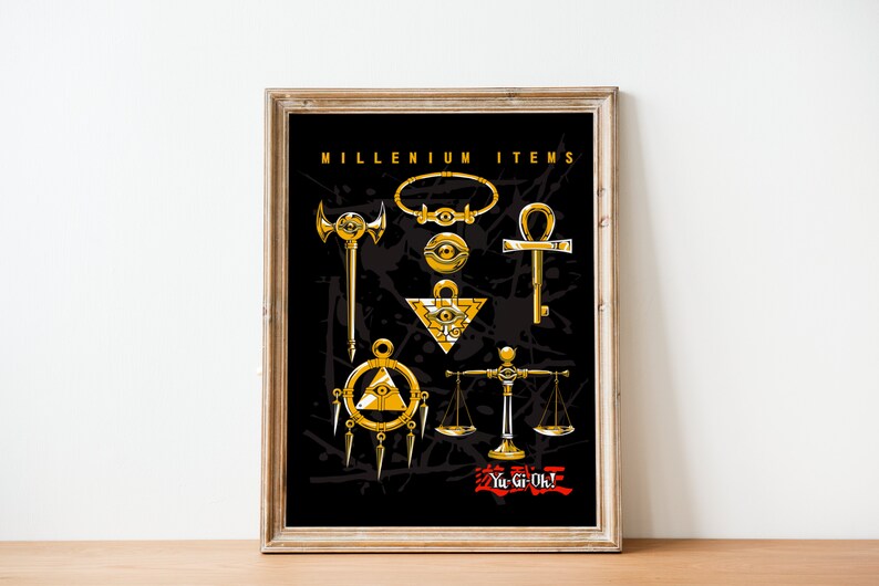 May include: A framed print of the Millennium Items from the Yu-Gi-Oh! anime series. The items are depicted in gold and include the Millennium Puzzle, Millennium Eye, Millennium Rod, Millennium Ring, Millennium Necklace, Millennium Key, and Millennium Scale. The print has a black background with white splatter paint accents and the text "MILLENNIUM ITEMS" and "Yu-Gi-Oh!" in red.