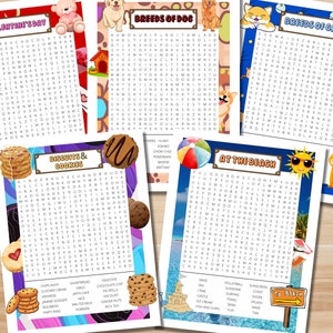 Op de afbeelding: Vijf kleurrijke woordzoekpuzzels met verschillende thema's: Valentijnsdag, Hondenrassen, Kattenrassen, Koekjes & Koekjes en Aan het strand. Elke puzzel heeft een raster met letters met woorden om te vinden die gerelateerd zijn aan het thema.
