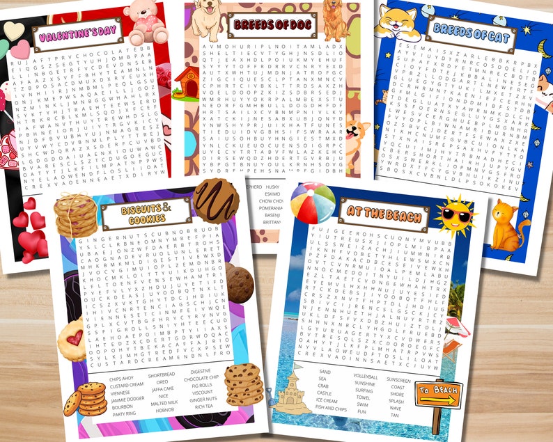 Op de afbeelding: Vijf kleurrijke woordzoekpuzzels met verschillende thema's: Valentijnsdag, Hondenrassen, Kattenrassen, Koekjes & Koekjes en Aan het strand. Elke puzzel heeft een raster met letters met woorden om te vinden die gerelateerd zijn aan het thema.
