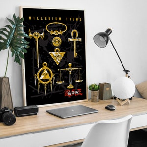 May include: A black and gold poster featuring the text "Millennium Items" and images of the Millennium Puzzle, Millennium Eye, Millennium Rod, Millennium Ring, Millennium Key, Millennium Necklace, and Millennium Scale. The poster also includes the text "Yu-Gi-Oh!" in red and white.