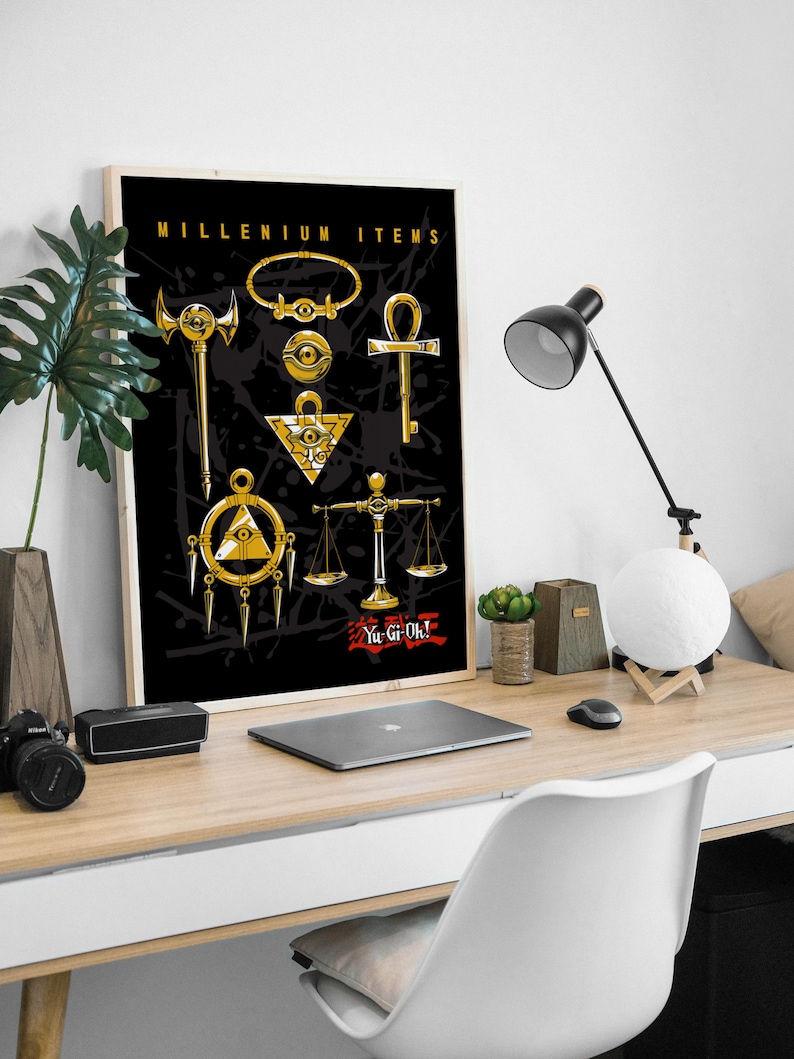 May include: A black and gold poster featuring the text "Millennium Items" and images of the Millennium Puzzle, Millennium Eye, Millennium Rod, Millennium Ring, Millennium Key, Millennium Necklace, and Millennium Scale. The poster also includes the text "Yu-Gi-Oh!" in red and white.