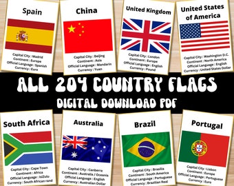All 204 Country Flags Flash Cards | Instant Download | World Flags Printable | Geography Learning | Flashcards Printable | Digital PDF