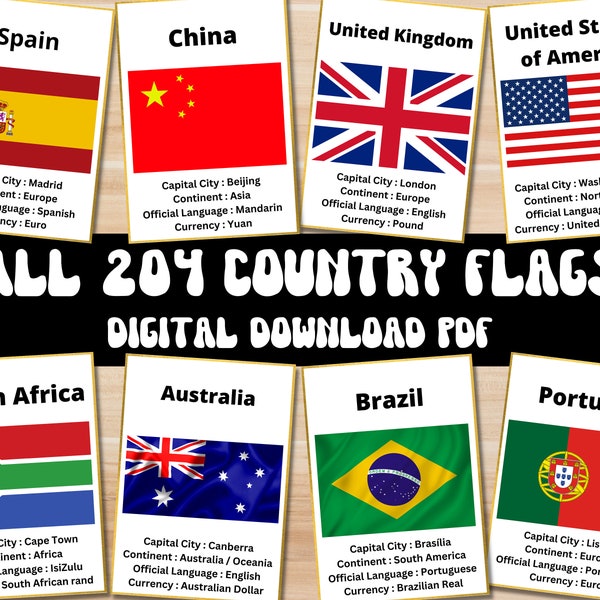 All 204 Country Flags Flash Cards | Instant Download | World Flags Printable | Geography Learning | Flashcards Printable | Digital PDF