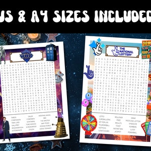 Op de afbeelding: Twee afdrukbare woordzoekpuzzels. De eerste puzzel is gebaseerd op Doctor Who met personages en locaties uit de show. De tweede puzzel is een National Lottery-thema woordzoekpuzzel met woorden die verband houden met loterijspellen. Beide puzzels zijn in zwart-wit.