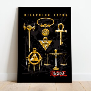 May include: A black and gold poster featuring the text "Millennium Items" and images of the Millennium Puzzle, Millennium Eye, Millennium Rod, Millennium Ring, Millennium Key, Millennium Necklace, and Millennium Scale. The poster also includes the text "Yu-Gi-Oh!" in Japanese.